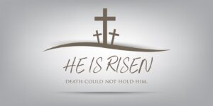 Three crosses and the words, "He is risen."