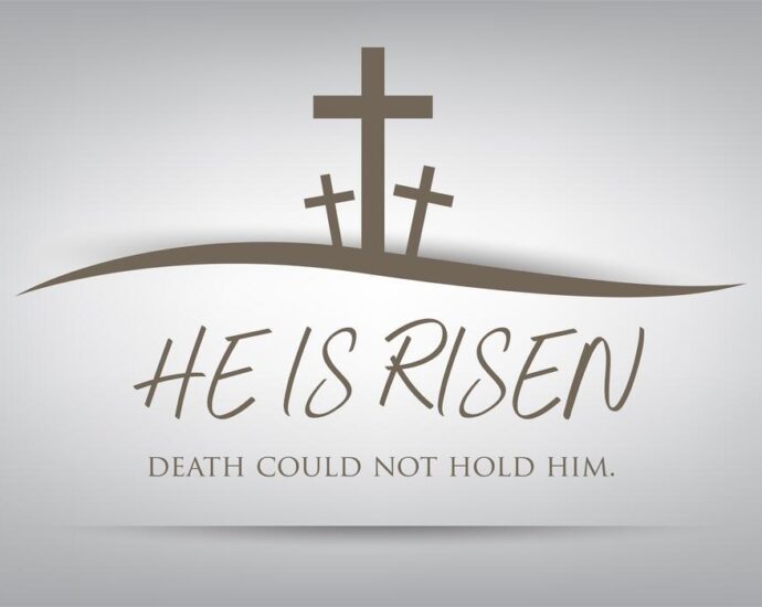 Three crosses and the words, "He is risen."